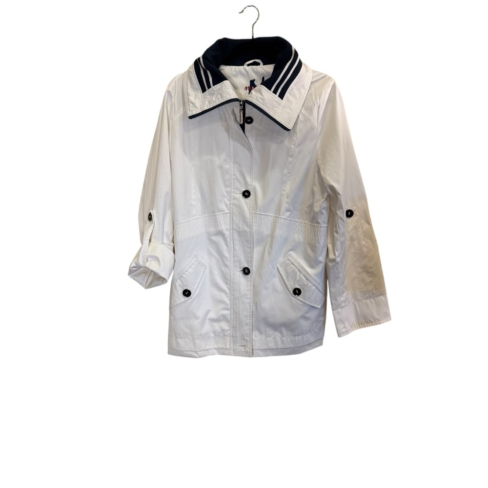 Neyelle Women’s White Minimalist Utility Raincoat Classic Navy Sailor Collar M